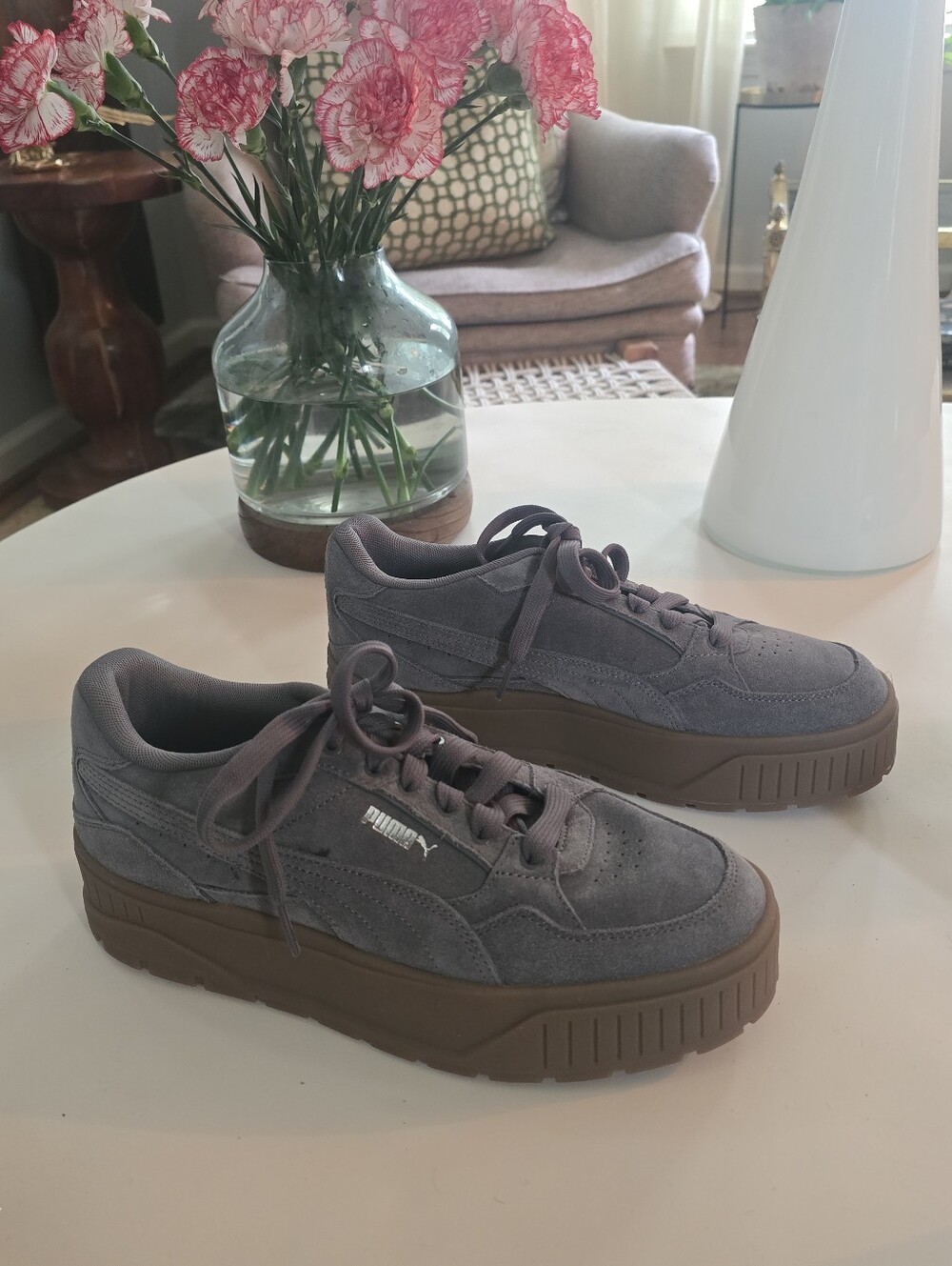 PUMA Karmen II Idol Suede Platform Sneakers - Gray/Gum Sole - Size 10
